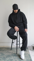 Felpa con cappuccio oversize nera unisex in cotone pesante con cuciture a rovescio Empyrom